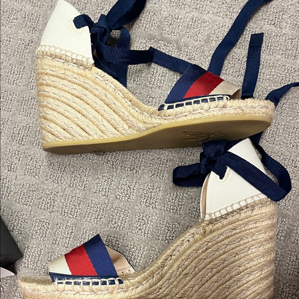 Gucci Navy, Red & Cream Espadrille Wedge Sandals with Ankle Ties - Picture 9 of 10